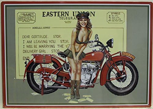 TELEGRAPH Metal Sign vintage style war pinup girl with Harley Eastern Union telegram service military