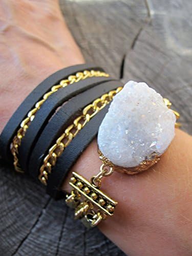 'Be Strong' - Leather Wrap Bracelet, Leather Bracelet, Boho Wrap Bracelet, Druzy Bracelet, Raw Crystal Bracelet