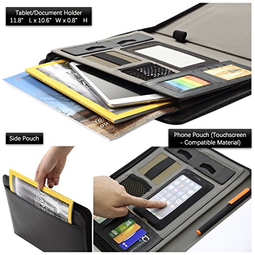 Knodel Zippered Portfolio, Professional Business Binder, Resume and Interview Document Organizer, PU Leather Padfolio with 10.1-inch Tablet Sleeve and Writing Pad (Black) - Thumbnail 3