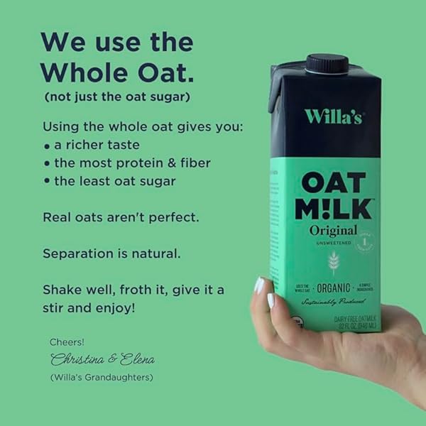 WILLA’S ORGANIC OAT MILK – UNSWEETENED ORIGINAL OATMILK, NON-GMO, SHELF STABLE, LOW SUGAR, NON-DAIRY MILK, MADE FROM WHOLE GRAIN OATS, NO OIL, NO GUMS, 32 OZ – PACK OF 1