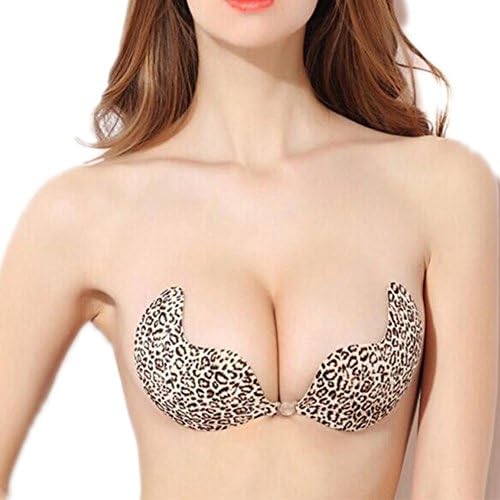 Doress Womens Push Up Self-Adhesive Silicone Bust Front Closure Strapless Invisible Bras Leopard B