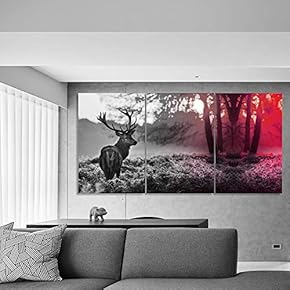 Wall26-3 Piece Canvas Wall Art-Deer in Forest Red Color Prints for Living Room -Giclee Painting Wall Bedroom Living House Decoration Home Art - 16"x24" x 3 Panels