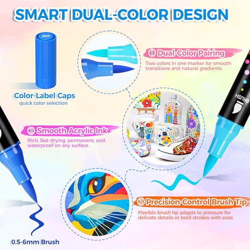 WINSONS 120 Colors Colouring Pens, Acrylic Paint Pens, Dual Brush Tip, Non-Toxic, Waterproof, Drawing Markers with Storage Case, Replaceble Nibs