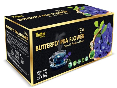 TFATHER – 33 BUTTERFLY PEA FLOWER TEA BAGS WITH DIPPING STRING – BUTTERFLY PEA, COCONUT & PANDANUS ORIGINAL FLAVOR – NO CAFFEINE, NO SUGAR, NO GLUTEN, NON GMO, VEGAN & NATURAL, PURPLE BLUE
