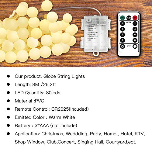 Led String Lights 80 LED Globe Fairy Lights IP65 Waterdichte Batterij Aangedreven Party Lights met Remote Timer voor… - Afbeelding 4