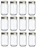 North Mountain Supply 16 Ounce Glass Regular Mouth Mason Canning Jars - With Safety Button Lids - Case of 12 (Gold Metal Lids, 12)