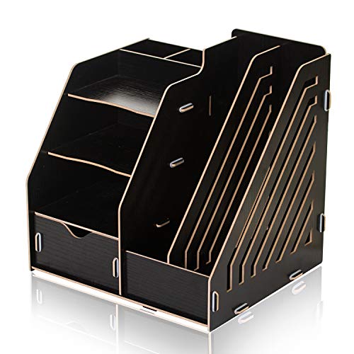 Wood Desk Organizer 4 Tier 8 Compartments with Drawer,Workspace Organizers Student desk finishing for School,Office Suppies File Letter Sorter Document Folder Tray Pen Holder,Storage Shelf Rack, Black
