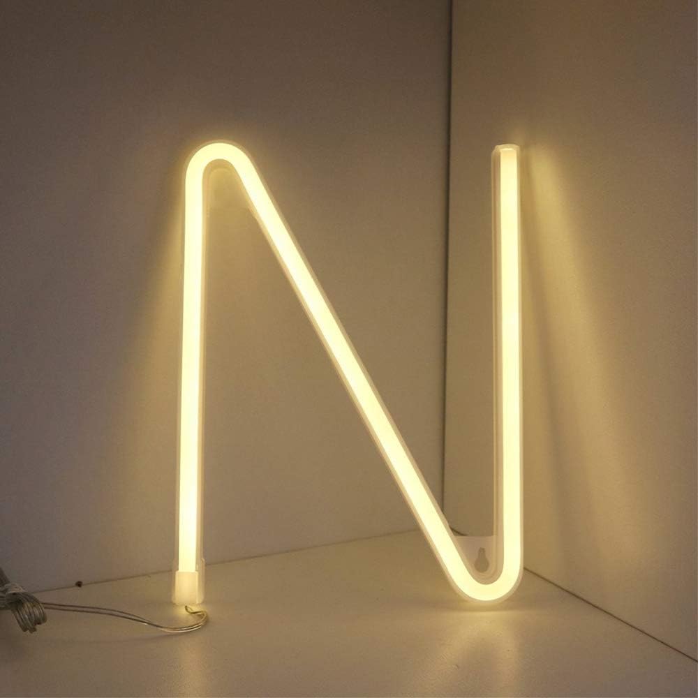 Warm White Neon Letter Sign Words Neon Lights LED Alphabet Neon Art Lights Battery/USB Operated Neon Wall Decor Light up Words for Wedding Birthday Party Christmas Home Bar Decoration (N)