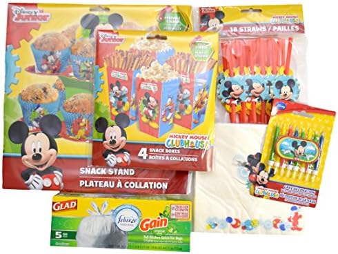 Bundle: Mickey Mouse Club House Party Kit: Snack Stand 4 Snack Boxes 18 Straws 20 Napkins Candles and Glad Trash Bags