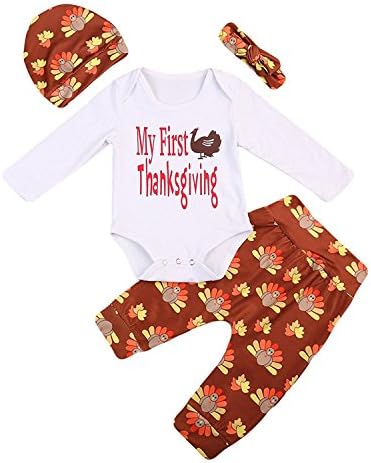Baby Boy Girl 4pcs Outfit My First Thanksgiving Romper Turkey Print Pant Hat Headband (6-12months, White)