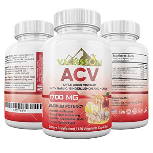 Vicksson Apple Cider Vinegar Pills 1700 mg of ACV with Garlic, Ginger, Lemon & Honey for Weight Loss, Detox, Cleanse, Appetite Suppressant, Metabolism & Immune Booster, Bloating Relief | 120 Capsules