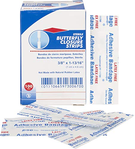 Butterfly Closure Strips. Pack of 100 Adhesive Wound Closure Bandages. Sterile Bandages for Wound Protection. Single use. Individually Wrapped. Easy to Apply.