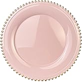 UOEKCS Pink Beaded Charger Plates, 13 Inch Plastic Round Chargers for Dinner Plates, Party, Wedding, Birthday.Set of 6