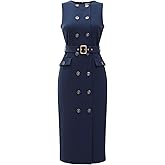 Allegra K Sleeveless Work Dress for Women's Double Breasted Crew Neck Formal Pencil Dress with Belted