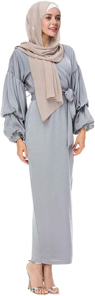 HIKO23 Womens Casual Muslim Abaya Dress Puff Sleeve Soft Loose Fitted Solid Dubai Kaftan Islamic Maxi Dresses