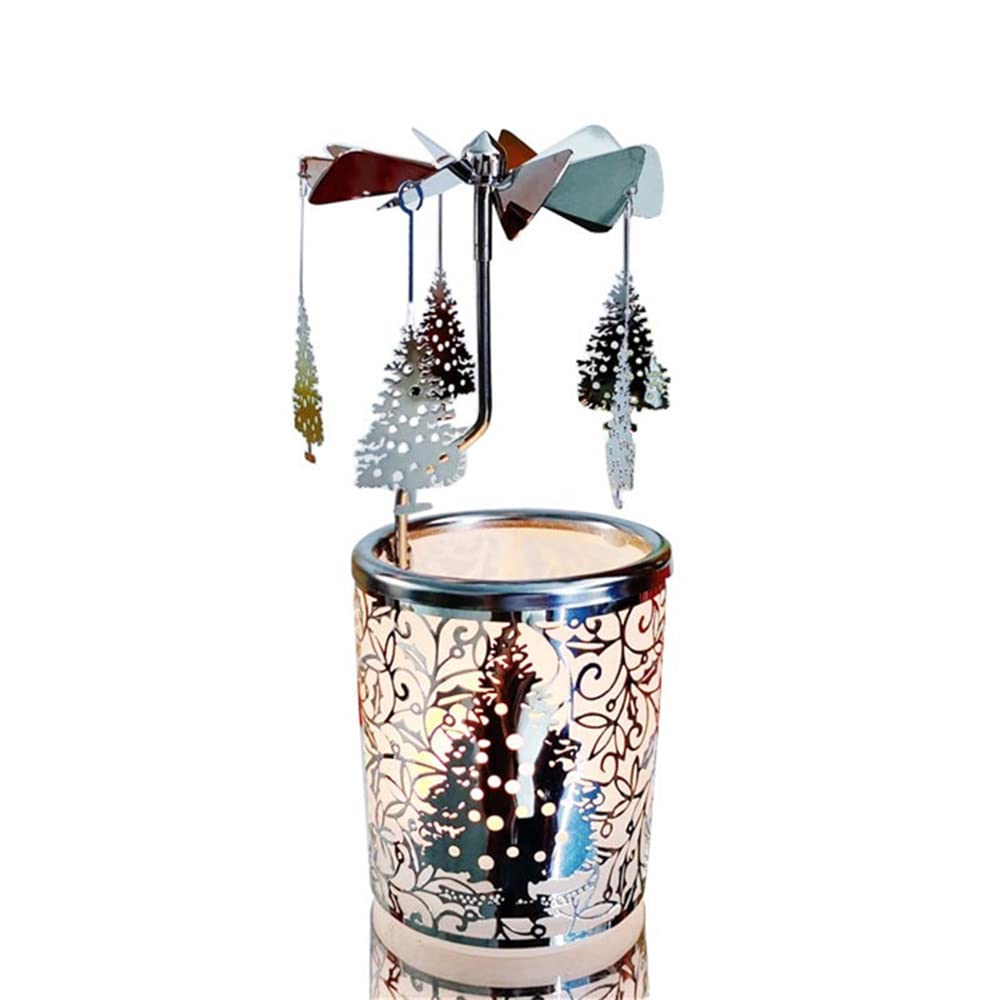 kingnero carousel candle rotary candle holder Christmas snowflake spinning candleholder metal tea light holder candlestick for home decoration or relatives and friends gift (Silver Christmas tree)