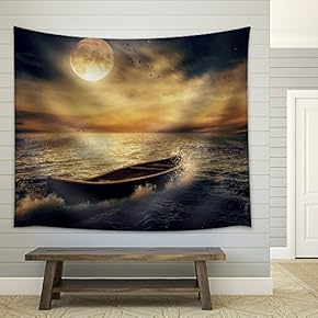 Boat Drifting Away from Past in Middle of Ocean After Storm - Fabric Wall Tapestry Home Decor - 51x60 inches