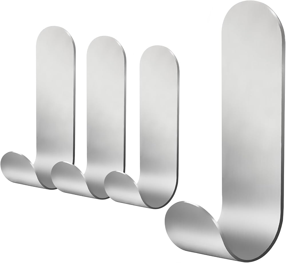 saizone 4 Pack Stainless Steel Sticky Hooks Heavy Duty Self Adhesive Waterproof