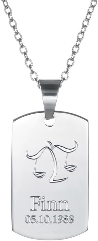 Necklace With Pendant – Zodiac Sign – Libra – Dog Tag Pendant With Engraving – Stainless Steel – Personalised Jewellery With Star Sign, Name and Date – Jewellery Gifts For Men and Women