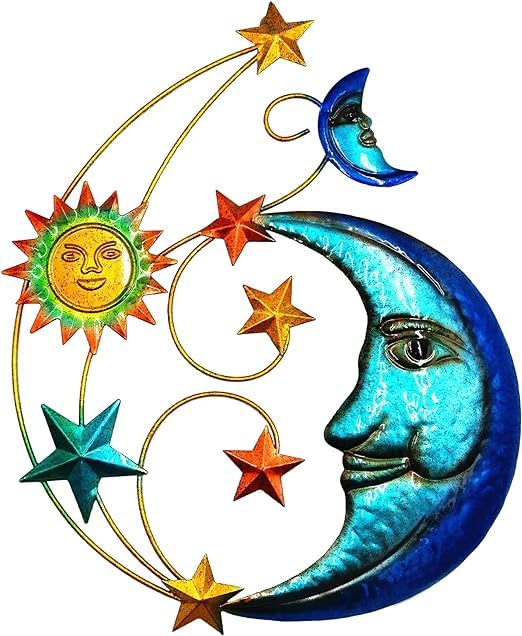 Photo 1 of Metal Sun Outdoor Wall Art Decor, Large Size 17'' Sun Face Metal Wall Sculpture with Moon & Stars for Home Wall Decoration Living Room, Bedroom, Outside Decor for Yard, Patio, Garden Fence Deck Pool