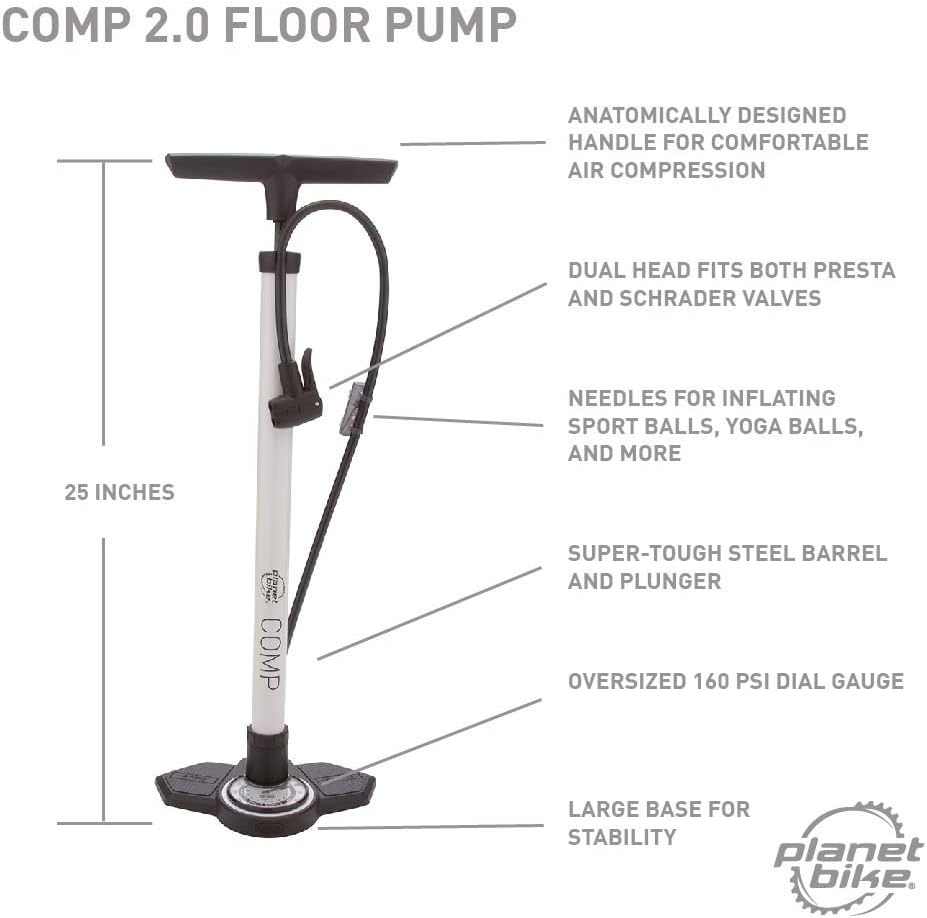 Planet Bike Comp Bike Floor Pump with Gauge and Presta Schrader Valve Head, Pumps Up to 160 psi, Inflates Bicycle Tires, Sports Equipment, and Inflatables : Sports & Outdoors