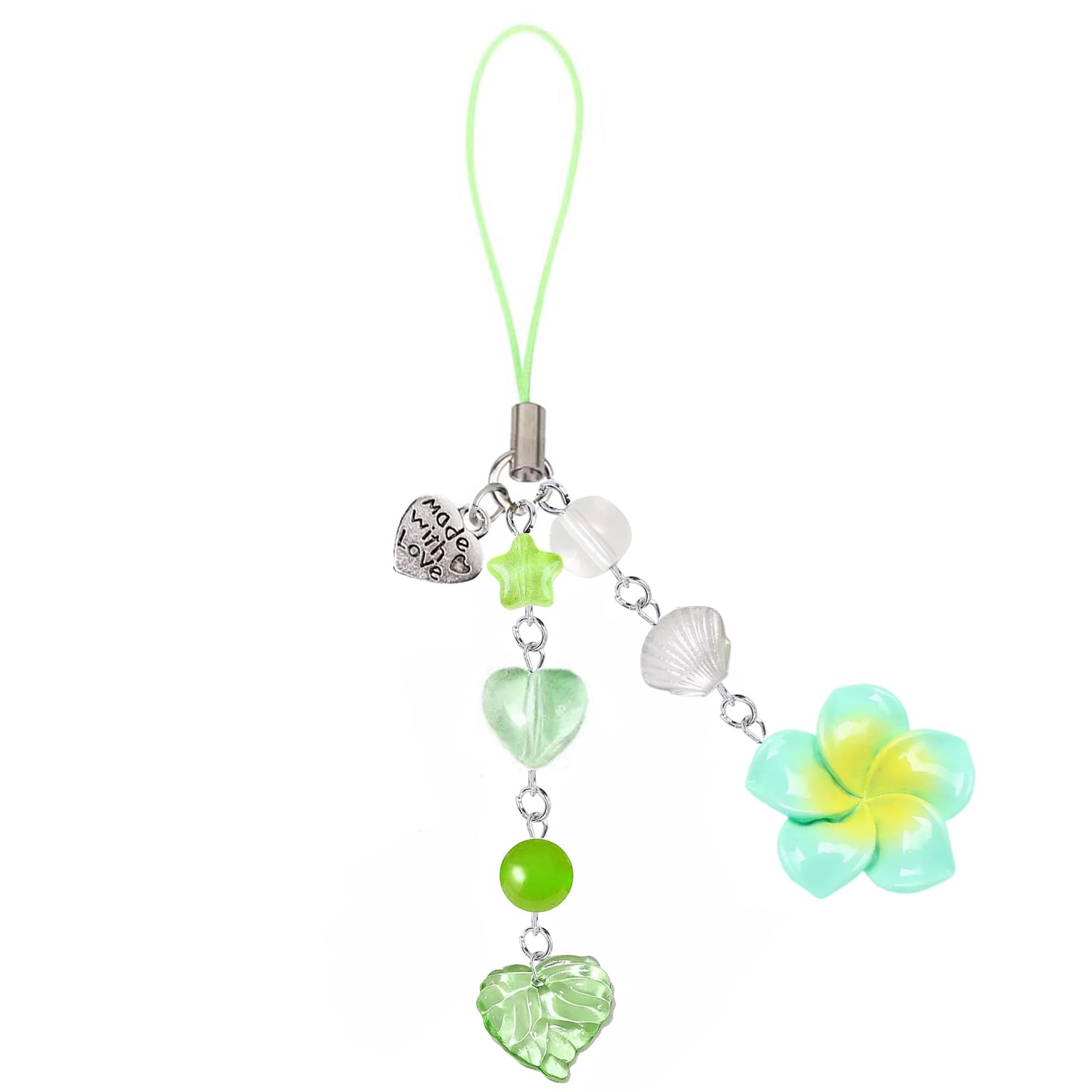 Agromusk Hibiscus Flower Phone Charms,Cute Y2K Hawaiian Tropical Flowers Artificial Cell Phone Straps Aesthetic Star Heart Beaded Summer Flower Beach Accessories Kawaii Decor for Women(Green)