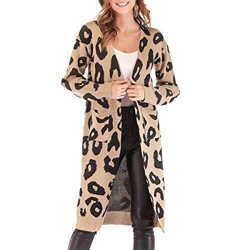Women Long Sleeve Open Front Leopard Knit Long Cardigan Casual Print Knitted Maxi Sweater Coat Outwear with Pockets (X-Large, Khaki)