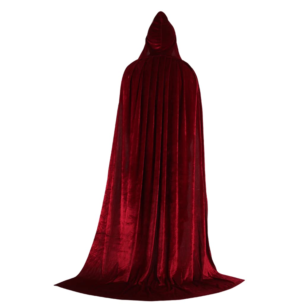 Sharplace Velvet Cloak Cape Wizard Hooded Party Halloween Cosplay Costumes for Men Women, Wine red, 150cm