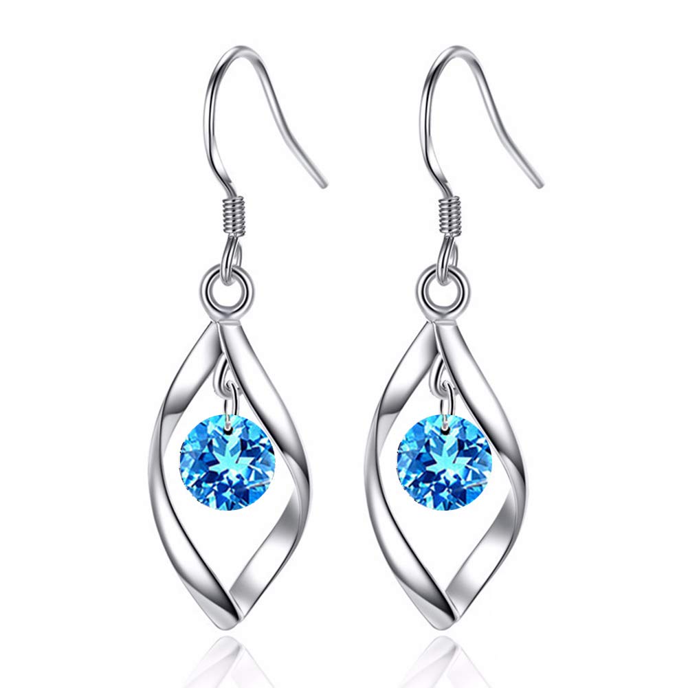 Zolkamery Drop Earrings for Women, 925 Sterling Silver Drop Earrings with Aquamarine Blue 5A Zircon, Teardrop Twist Dangle Earrings, Dangly Hook Earrings for Ladies, Gifts for Girls Birthday mit Box