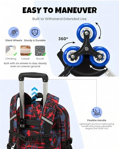 Amythe Boy's Wheeled School Bag 8-12 Years Bright 6 Wheels with Removable Trolley, Wheeled Backpack for College Students, Large Capacity Computer 15.6 Inches, Red, Travel Backpacks