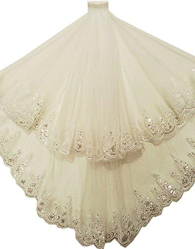 2 Layers Tulle Lace Silver Lined Beaded Edge Fingertip Length Wedding Bridal Veil (White)