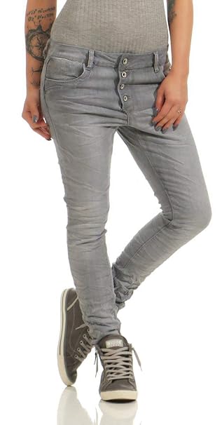 OSAB-Fashion 11557 Damen LEXXURY Jeans Röhre Hose Damenjeans Boyfriend Baggy Haremscut Knopfleiste