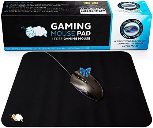 CushionCare Large Black Gaming Mouse Mat Pad - Comes With Complementary Gaming Mouse - 12.6"x10.6" - Soft and Breathable Material, Non-Slip Rubber, Smooth cloth surface