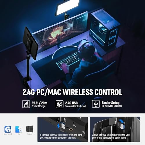 NEEWER GL25B 12.9" Streaming Key Light, 2.4G RT100 Remote & PC/Mac APP Control 25W 2300Lux/0.5m 2900K–7000K CRI98+ Dimmable Edge Emitting Silent Webcam Video Light with Desk Stand & USB Transmitter