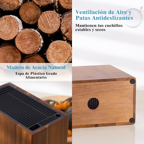 ENOKING Acacia Wood Kitchen Knife Holder, Universal Kitchen Knife Holder with Plastic Lid, Knife Holder for Knives and Scissors/Sharpening Rod