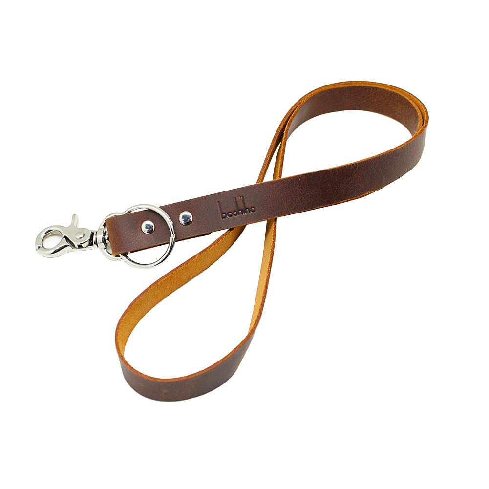 Boshiho Keychain Lanyard - Cowhide Leather Neck Lanyard with Metal Clasp for ID Badge Holder, Keys, USB, Cell Phone etc (Dark brown A)