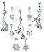 LOLIAS 9 Pcs 14G Stainless Steel Dangle Belly Button Rings Set for Women Girls Navel Barbell Body Jewelry Piercing