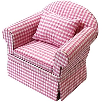 Inusitus Miniature Dollhouse Sofa Arm Chair - Dolls House Furniture Couch - White with Red Pattern - 1/12 Scale (Pink Check)