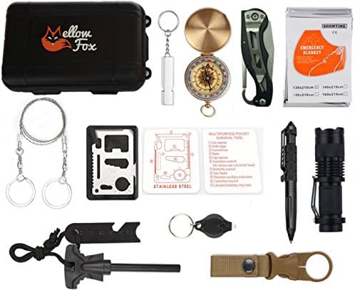 Emergency Survival Kit 13 in 1, MellowFox Outdoor Survival Gear - Folding Knife, Compass, Flashlight, Emergency Blanket, Fire Starter, Whistle, Tactical Pen - Outdoor, Scout, Travel, Zombie Apocalypse