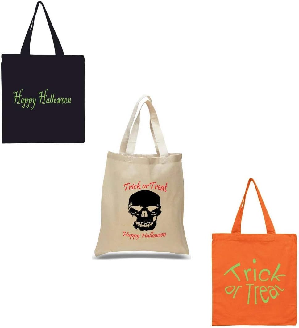 Amazon Com Halloween Canvas Tote Bags Trick Or Treat 15 W X 16 H Reusable Canvas Bag Halloween Shopping Bag Natural Skull Orange Trick Or Treat Black Happy Halloween Pack Of 3