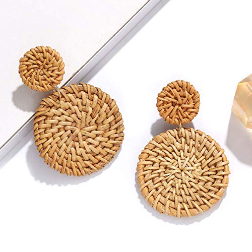 XOCARTIGE Woven Rattan Earrings Handmade Wicker Earrings Straw Knit Hoop Earrings Lightweight Raffia Braid Drop Dangle Earring for Women Girls (Double Disc) - Thumbnail 3