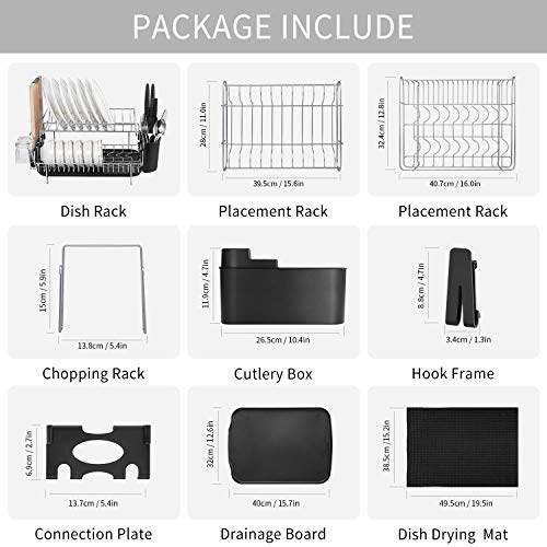 alvorog 2-Tier Dish Drying Rack Large Capacity Dish Rack Microfiber Mat Included Fully Customizable Kitchen Countertop Organizer with Removable Drainboard/Cutlery Cup Holder