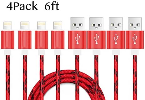 VVinRC 4Pack 6FT Nylon Braided Lightning to USB Cable Charging Charger for iPhone 7/ 7 Plus/ SE/ 6s/ 6 /6 Plus/ 6s Plus/ 5s/ 5c/ 5/ iPad Air/ Mini/ iPod Nano/ Touch (Red)
