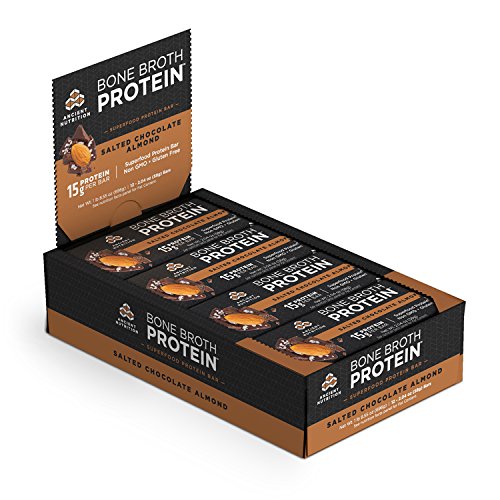Ancient Nutrition Bone Broth Protein Bars, Salted Chocolate Almond, Dairy Free, Gluten Free, Naturally Flavored Snack Bar, 16g Protein, 12 Count Pack