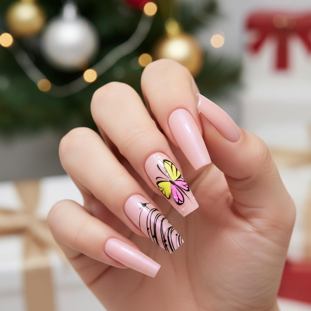 Handcess Coffin Glitter False Nails Medium Pink Press on Nails Butterfly Fake Nails Aurora Stick on Nail for Women and Girls 24Pcs