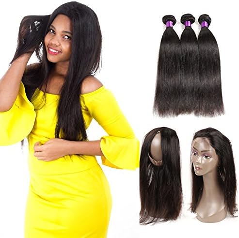Ossilee Hair Mink Peruvian Hair Straight Pre Plucked 360 Lace Frontal with Bundles 8A Peruvian Straight Hair 360 Lace Frontal Closure with Bundles (14 14 14+12 360frontal, Natural Color)