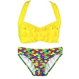 Fin Fun Mermaid Girls Sea Wave Bikini Set, Yellow Top, Rainbow Reef Bottom, Medium