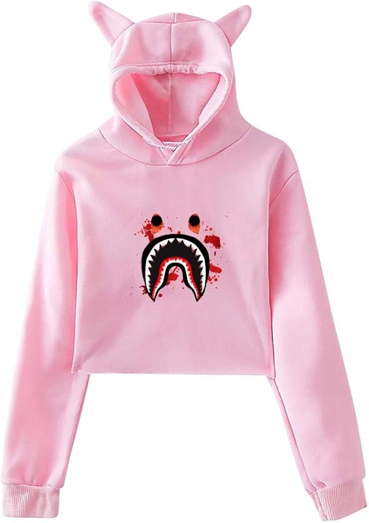 Women's Hoodies Cat Ears Cropped Pullover Sweatshirt Bap-e Blood Shark Graphic Sweatshirt Tops