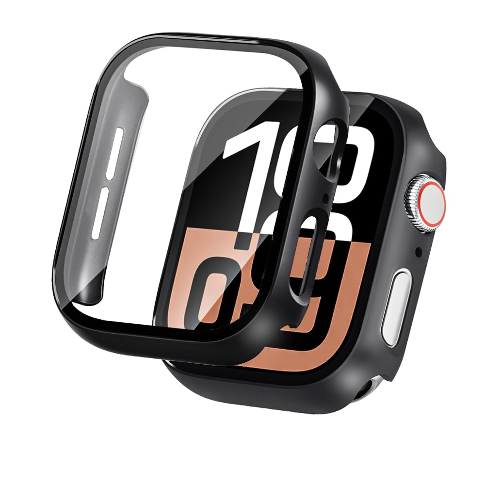 LINTEKER 2 Pack Hard Case for Apple Watch Series 11 (2025) / Series 10 Screen Protector 46mm, with 9H Tempered Glass Screen Protector, Full Protective Cover for iWatch Accessories 46mm, Black