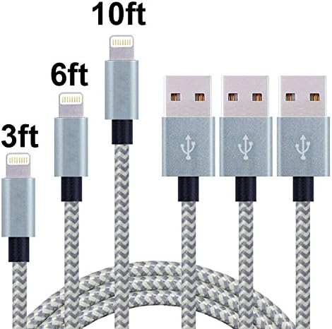 3Pcs 3FT 6FT 10FT Nylon Braided 8-Pin Lightning to USB Cable Cord with Aluminum Heads for iPhone 7/7 Plus/ 6/ 6 Plus/ 6s/ 6s Plus /5/5s/SE, iPad 4 Mini Air iPod Nano 7 iPod Touch 5 (Gray+Silver)